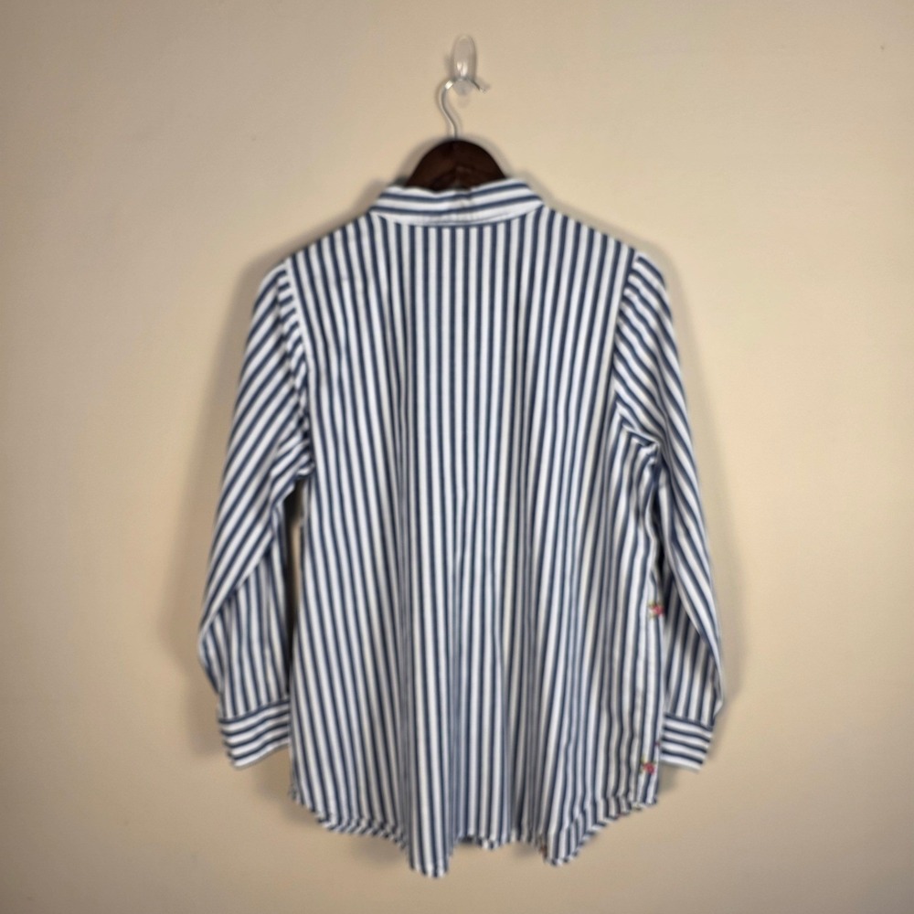 Woman Within Button Down Shirt Womens 14/16 Blue White Striped Floral Embroidery - Picture 6 of 11